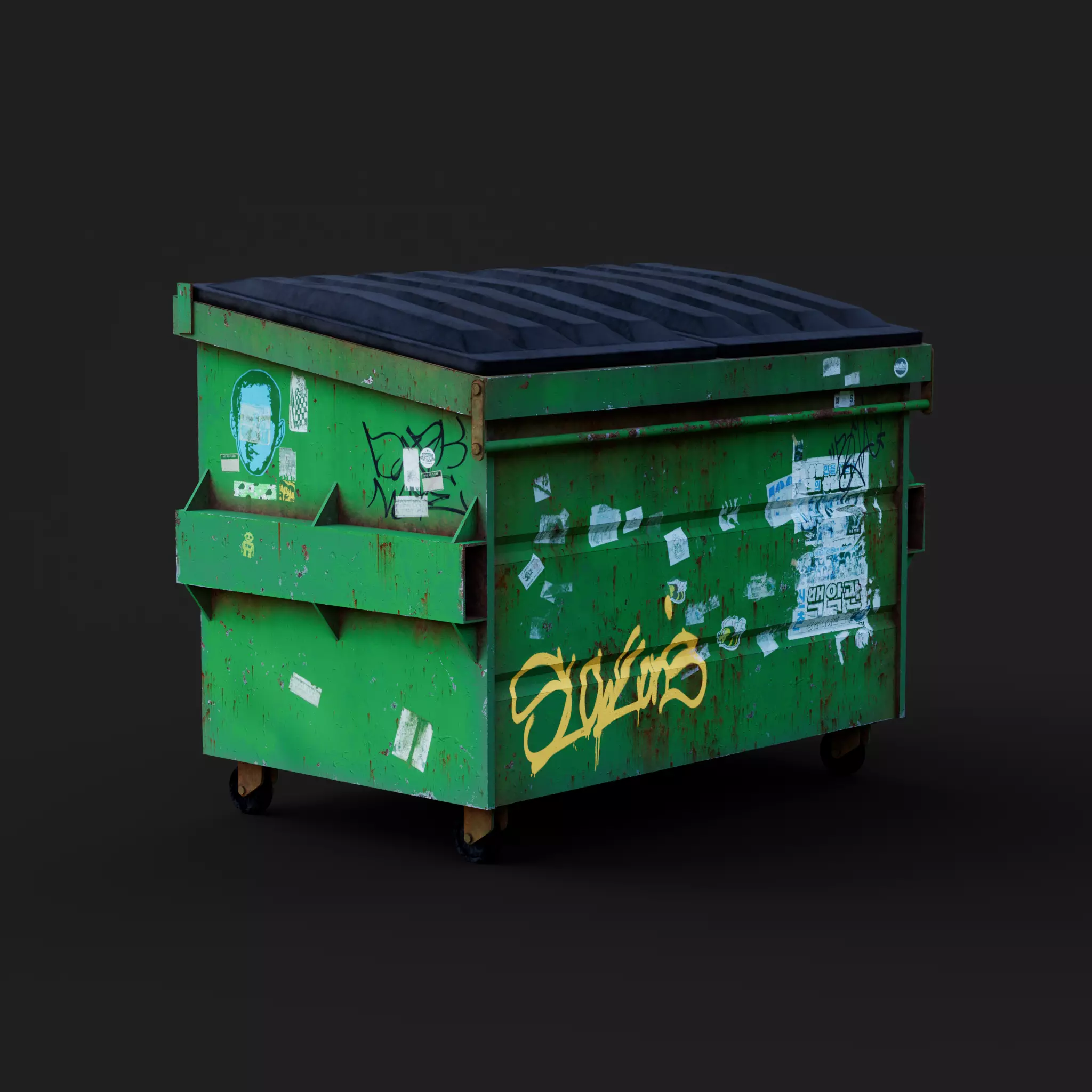 LOW POLY - DUMPSTER garbage can with graffiti Low-poly 3D model_0