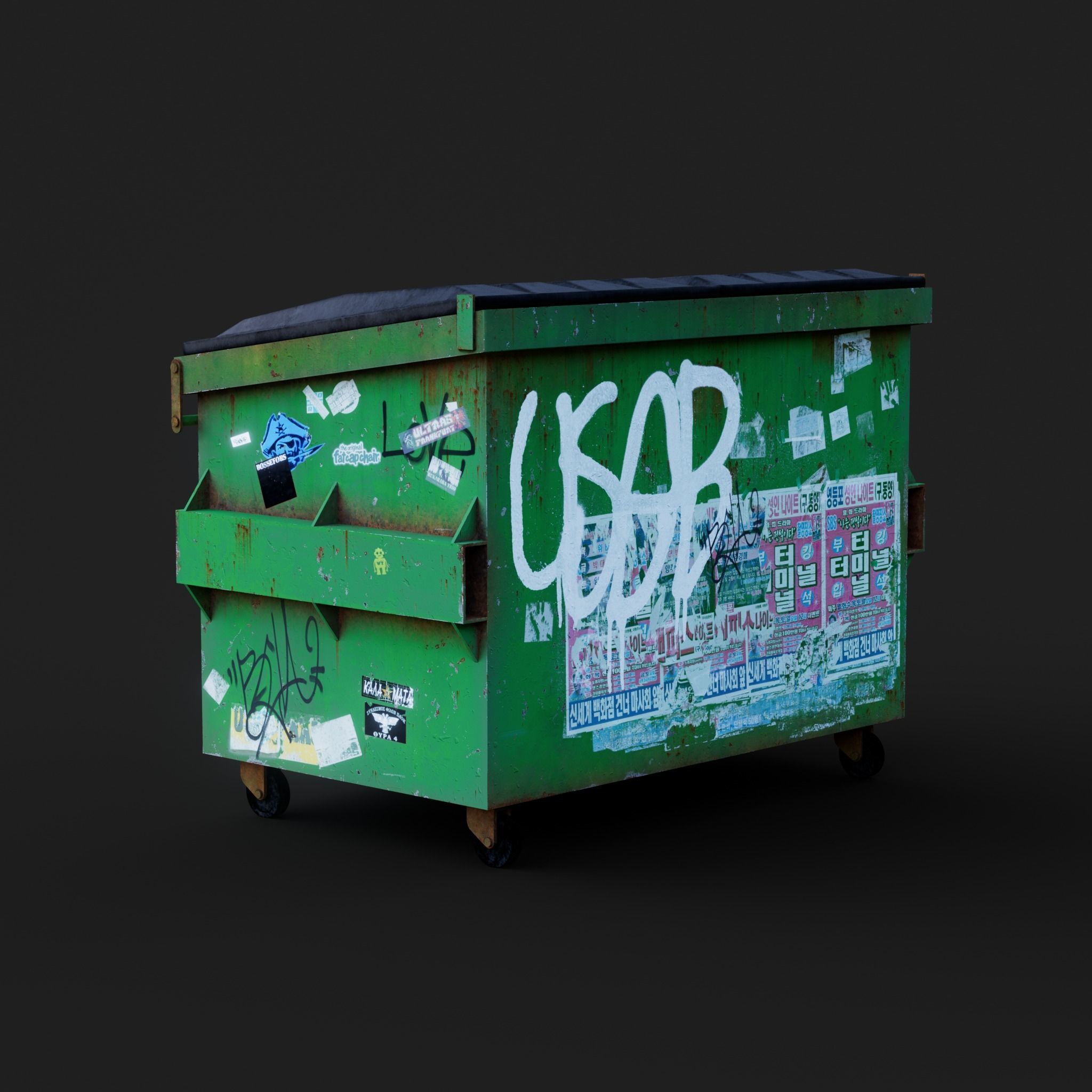 LOW POLY - DUMPSTER garbage can with graffiti Low-poly 3D model_1