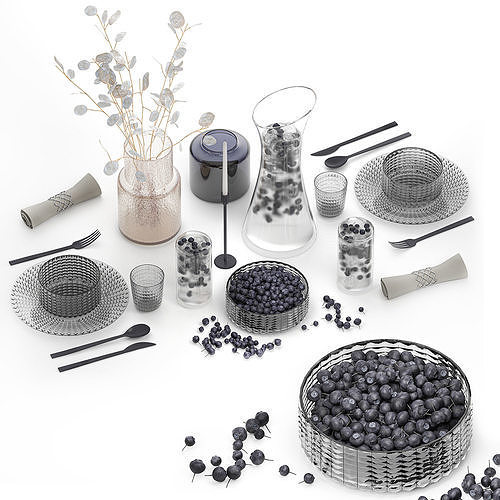 Table Setting With Bouquet And Blueberries 3D model