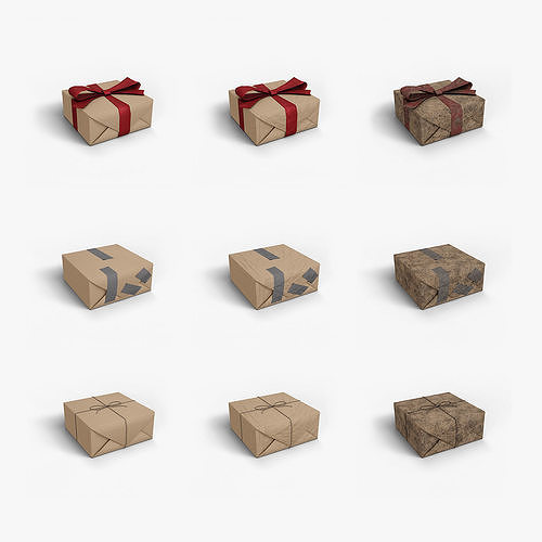 Gift Box Set New Crumpled Dirty with Duct Tape Ribbon Thread Low-poly 3D model