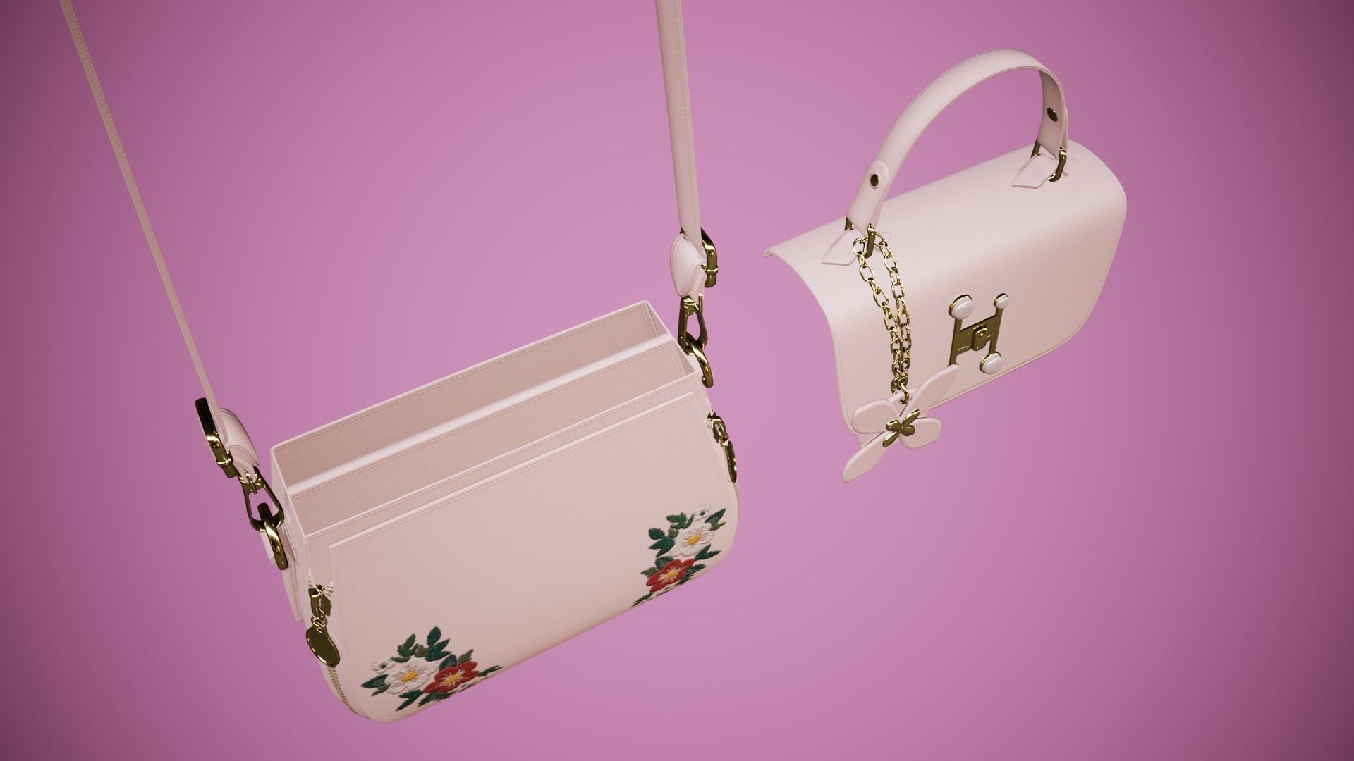 Flower pink handbag with flower embroidery 3D model_10