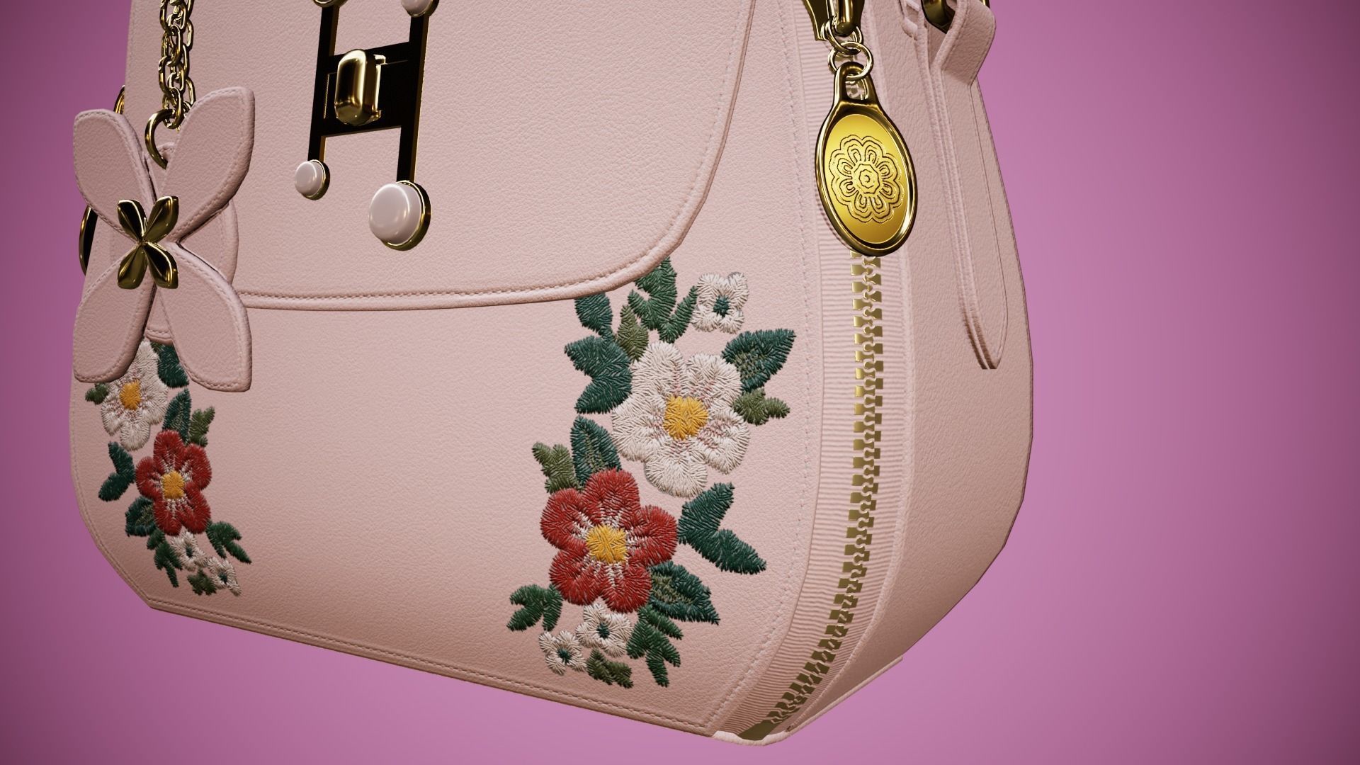 Flower pink handbag with flower embroidery 3D model_8