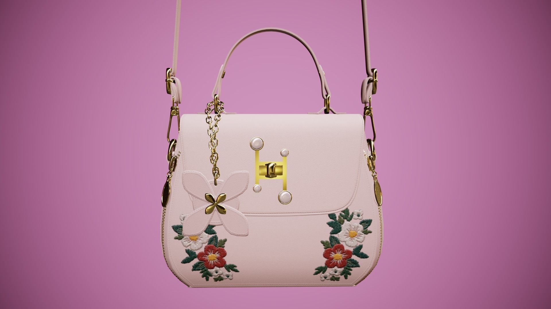 Flower pink handbag with flower embroidery 3D model_7
