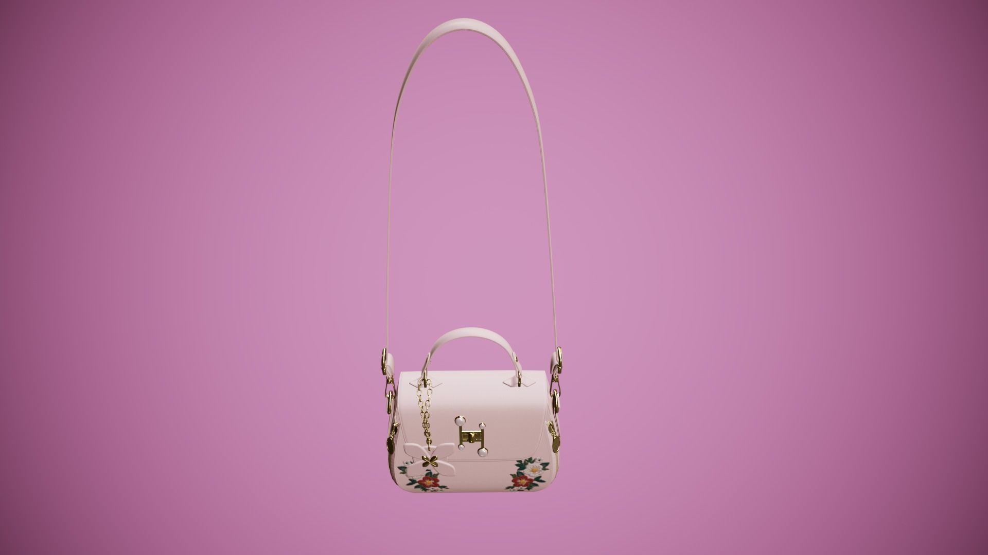Flower pink handbag with flower embroidery 3D model_6