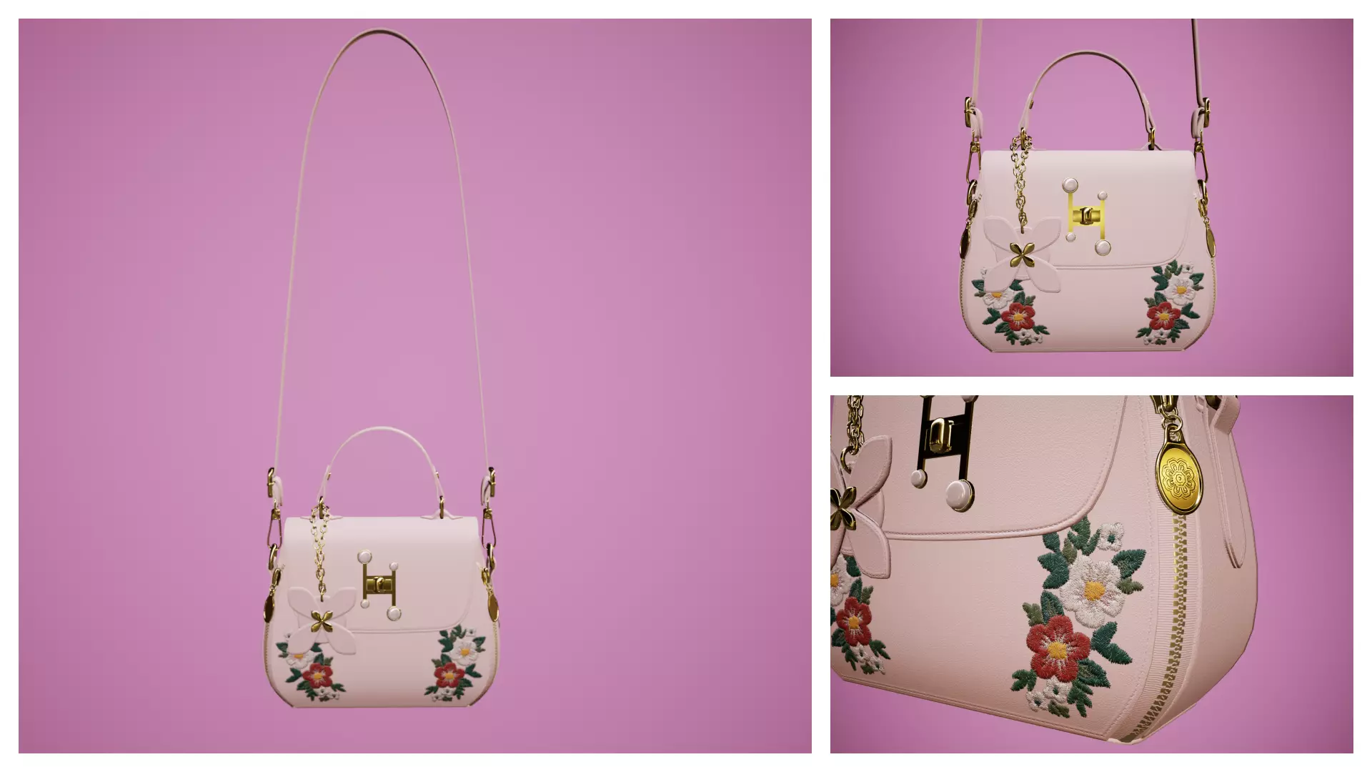 Flower pink handbag with flower embroidery 3D model_0