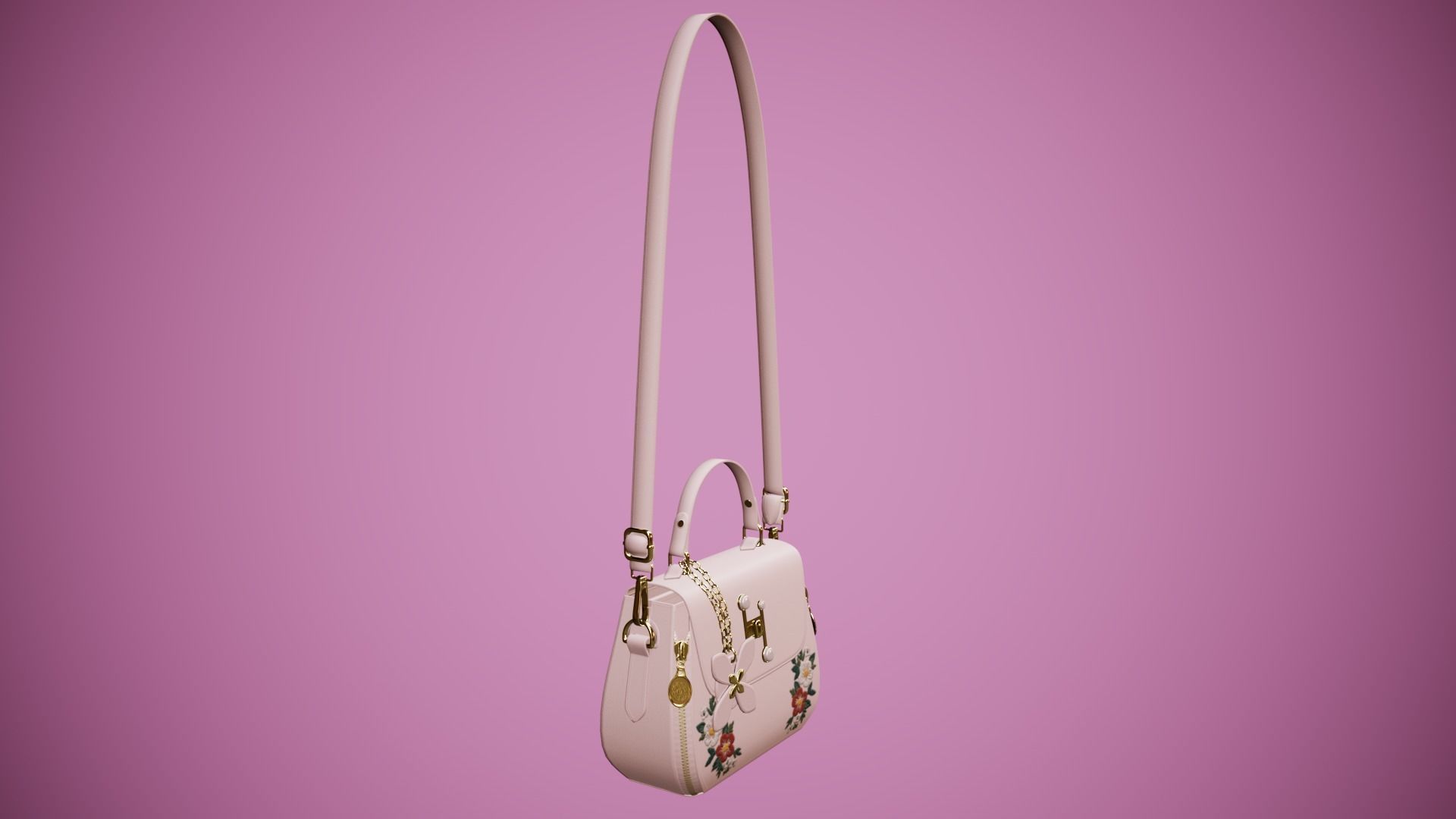 Flower pink handbag with flower embroidery 3D model_3