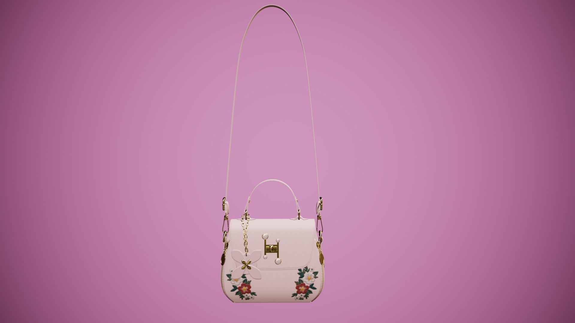 Flower pink handbag with flower embroidery 3D model_2