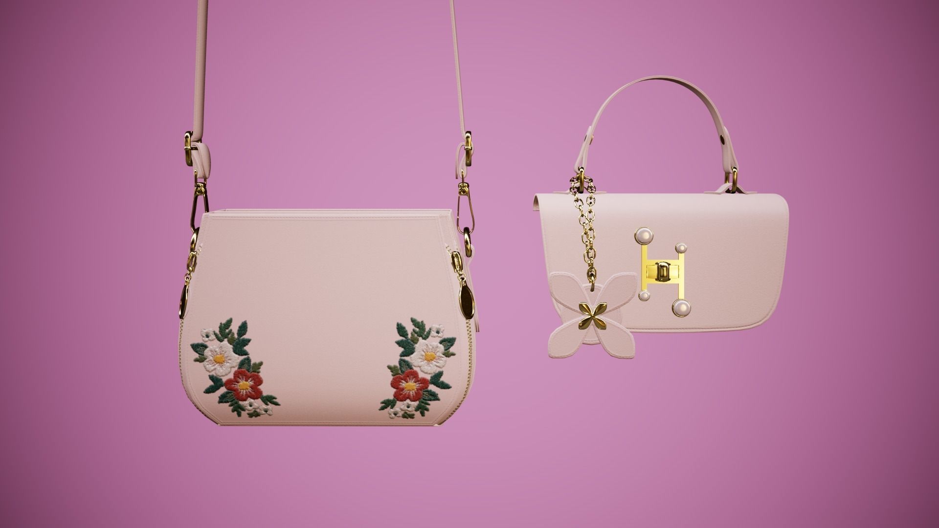 Flower pink handbag with flower embroidery 3D model_9