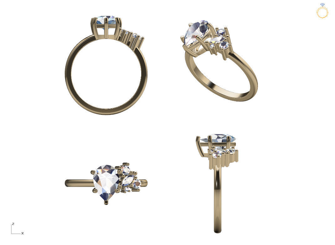 Engagement ring with cluster 3D print model_3