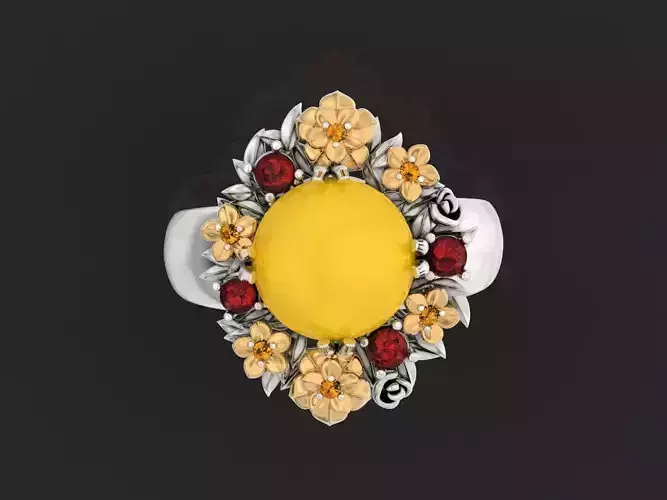  RING with flowers and stones cabochon ring 3D print model