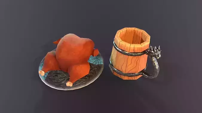 Lowpoly stylized fried chicken and beer pint mug asset