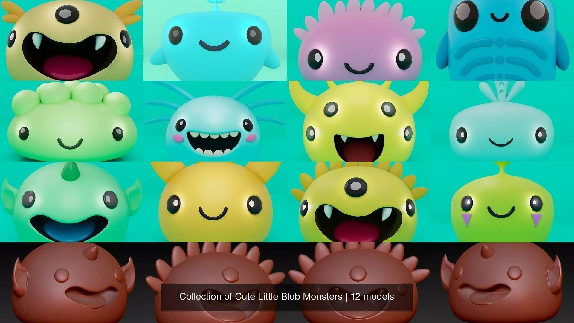 Cute Little Blob Monsters 3D Model Collection_0