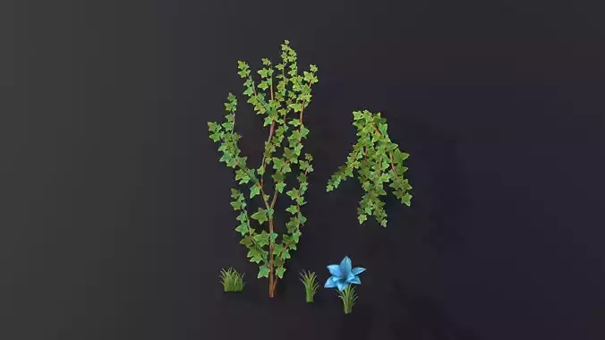 Game asset of stylized lowpoly ivy grass and flower plants 