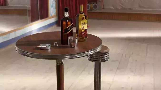 Bar set table with two bottles of liquor