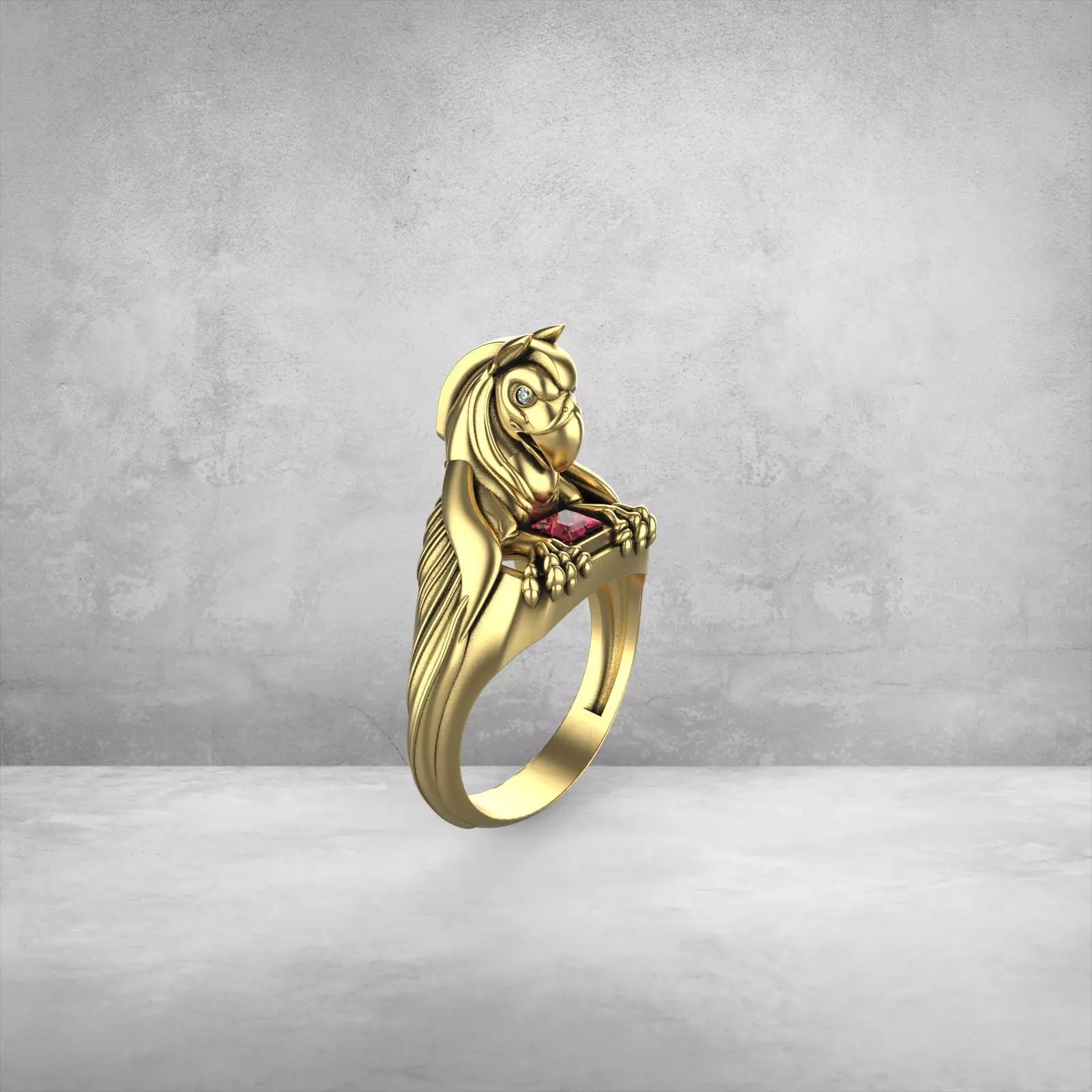 griffin 2 gold lion ring with ruby stones 3D print model_0