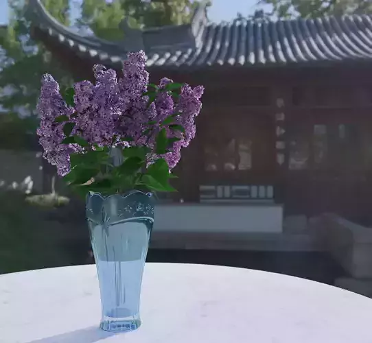 Vase with floral carving ornament and lilac flowers