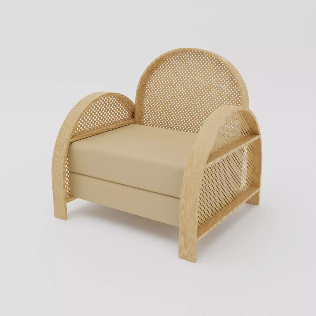 Wooden round ratan armchair 3D model