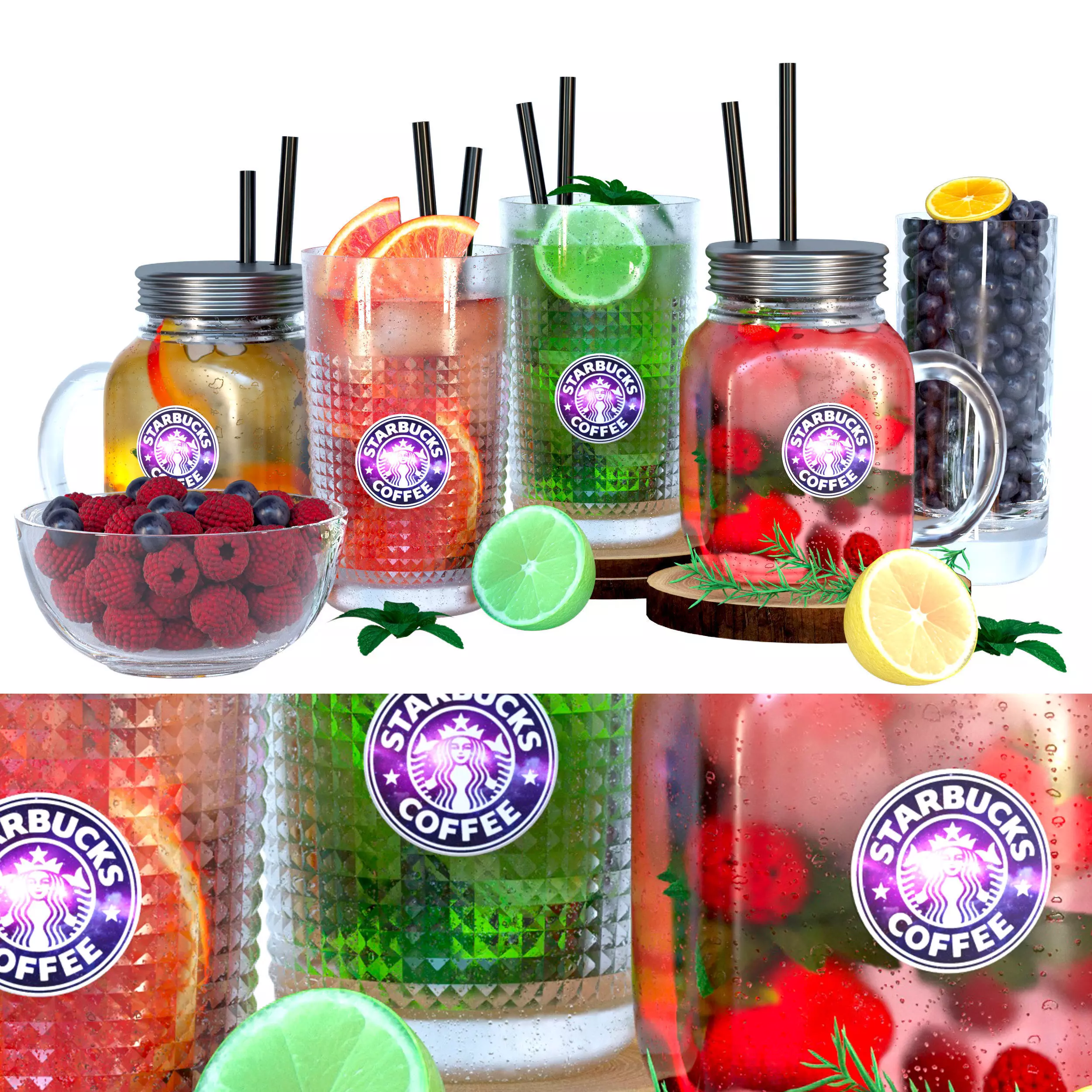 Lemonade set of mason jars with fruit and straws 3D model