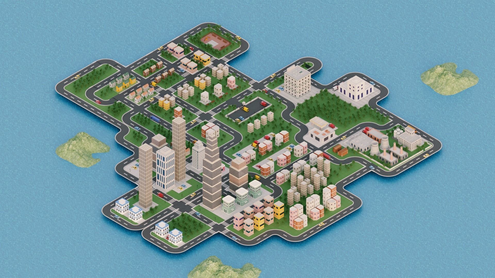 Modular Simple City Town  Low-poly 3D model_2