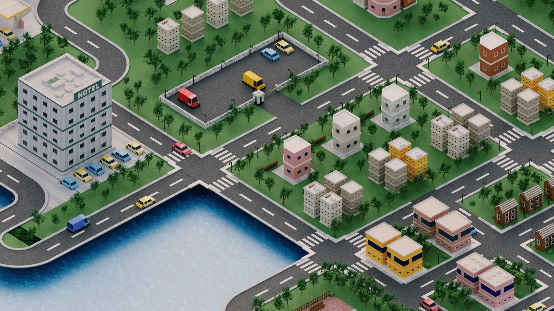 Modular Simple City Town  Low-poly 3D model_4