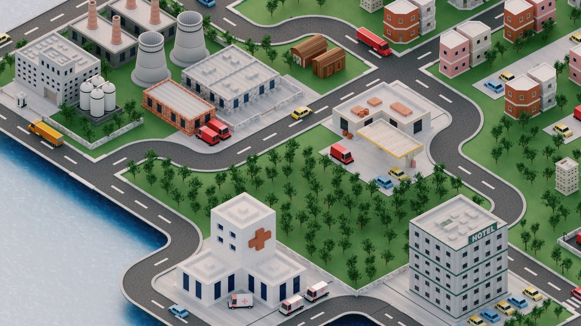 Modular Simple City Town  Low-poly 3D model_5