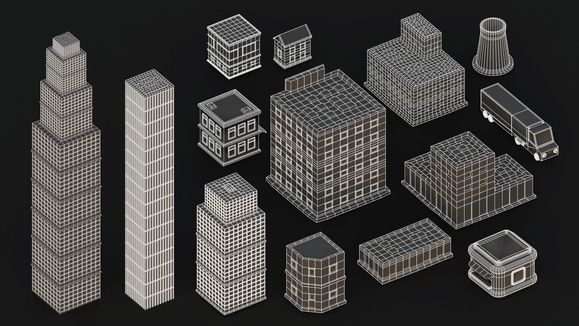 Modular Simple City Town  Low-poly 3D model_7