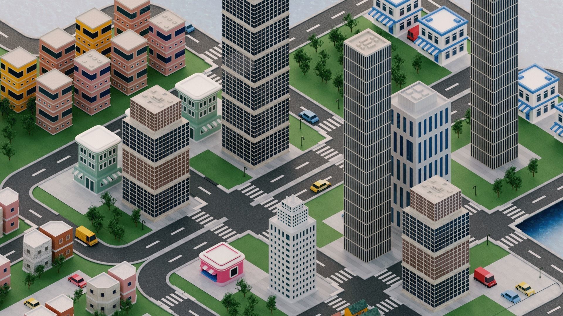 Modular Simple City Town  Low-poly 3D model_6