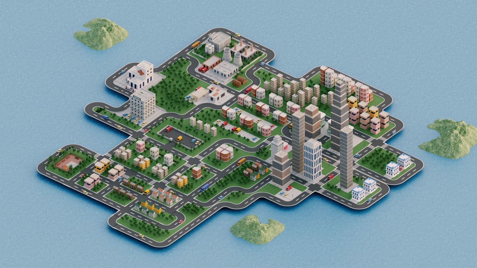 Modular Simple City Town  Low-poly 3D model_3