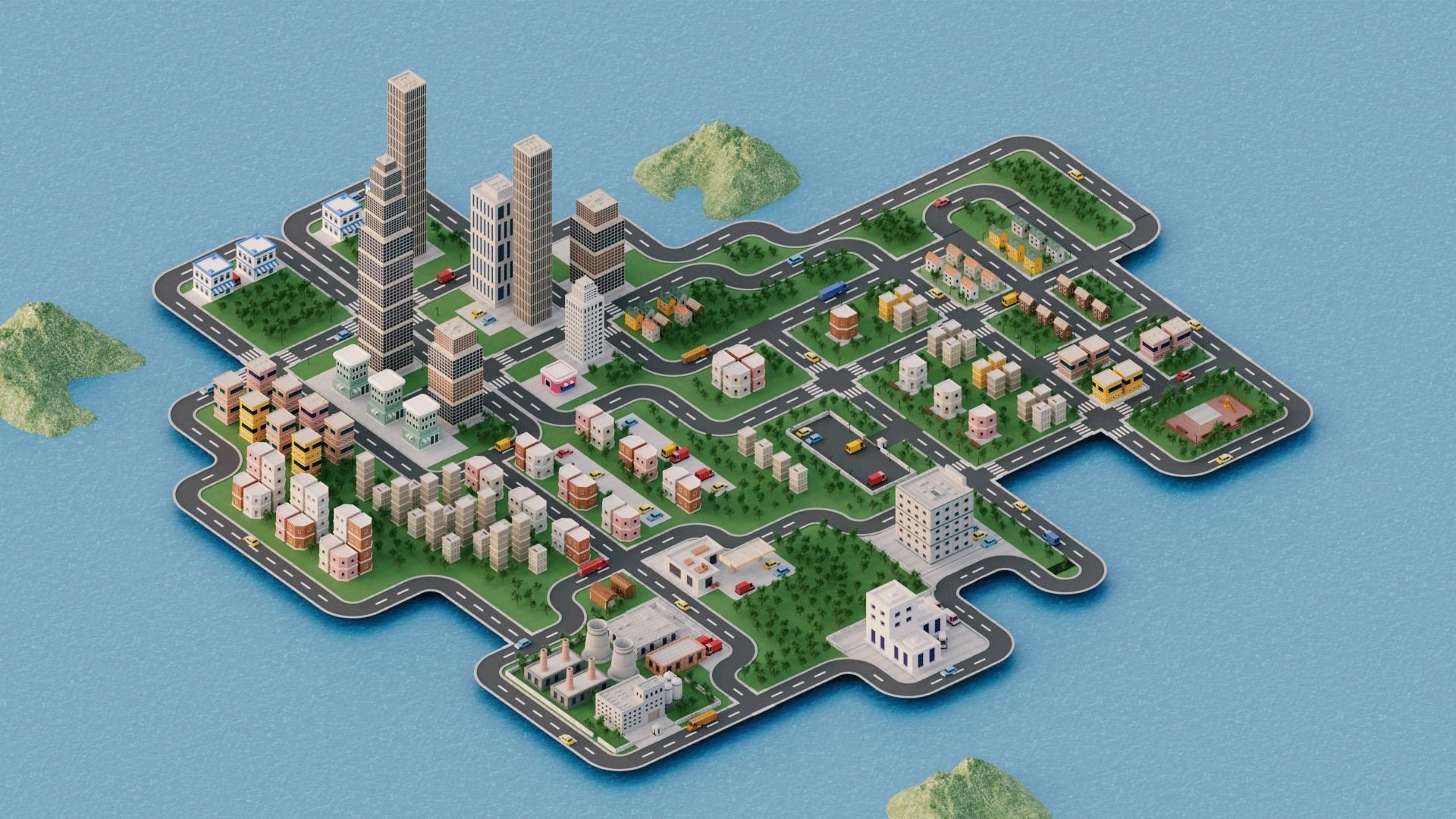Modular Simple City Town  Low-poly 3D model_1
