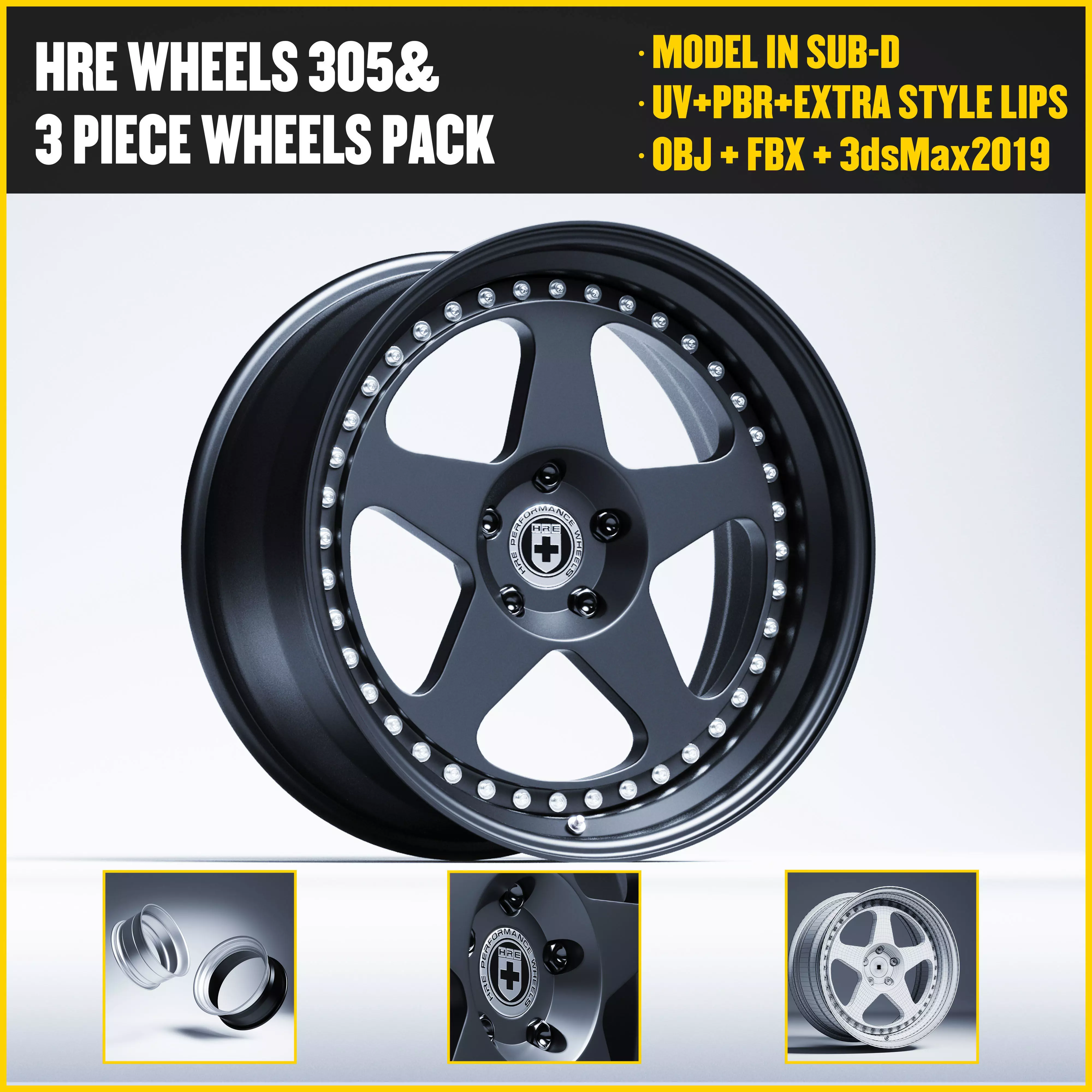 HRE 305 3 Piece Wheels Assembly Pack Low-poly 3D model_0