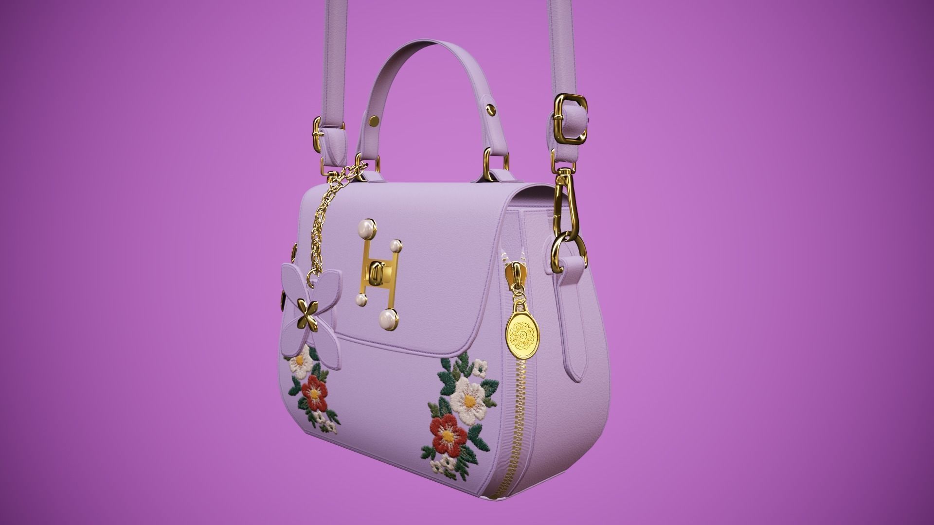 Flower purple handbag with flower embroidery Low-poly 3D model_10