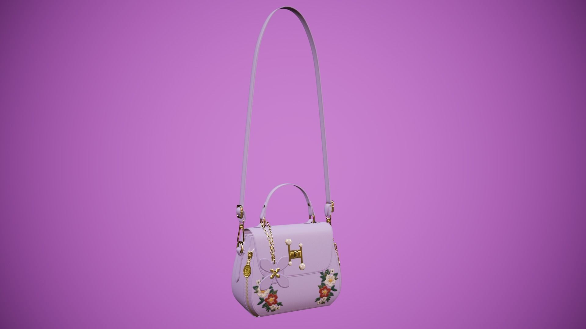 Flower purple handbag with flower embroidery Low-poly 3D model_3