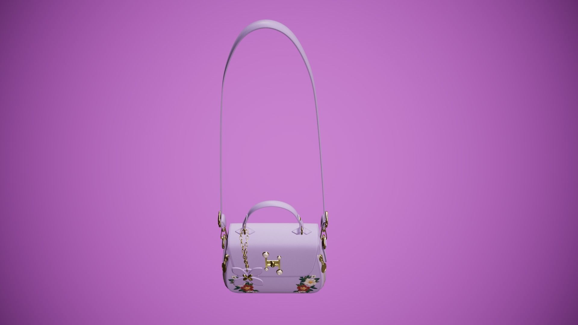 Flower purple handbag with flower embroidery Low-poly 3D model_8
