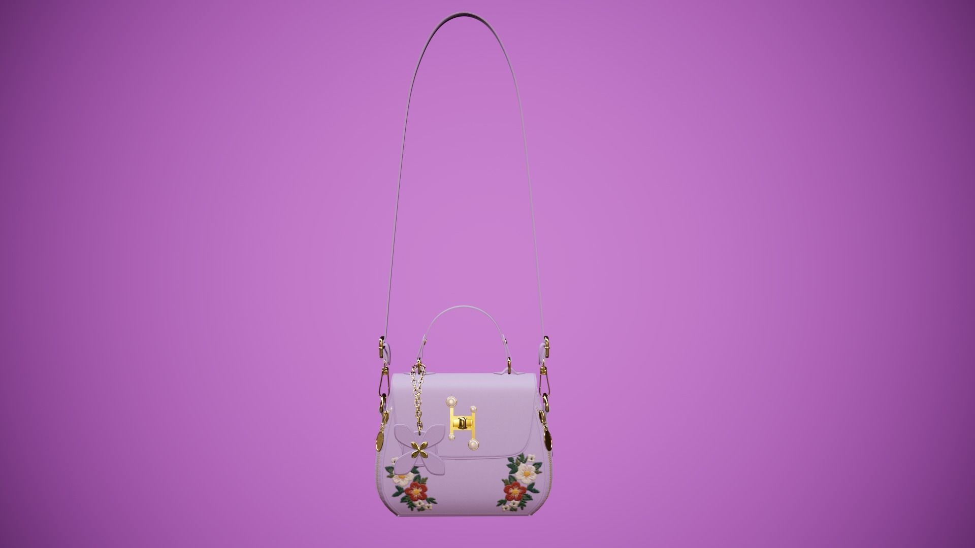 Flower purple handbag with flower embroidery Low-poly 3D model_2