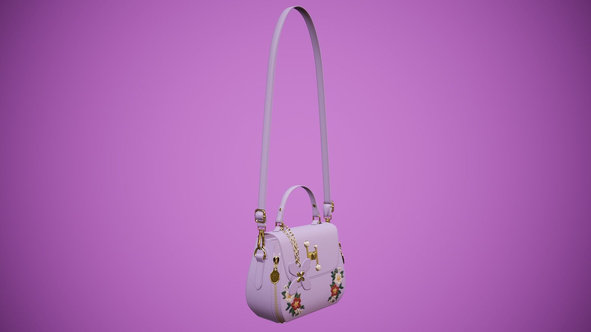 Flower purple handbag with flower embroidery Low-poly 3D model_5