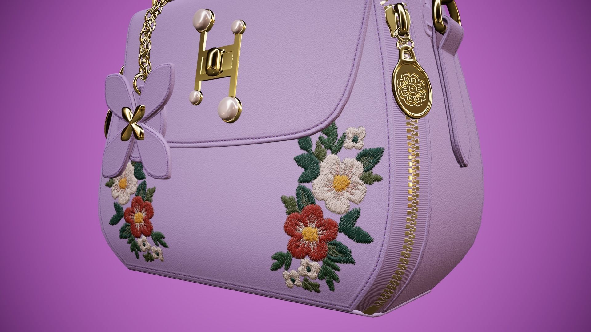 Flower purple handbag with flower embroidery Low-poly 3D model_11