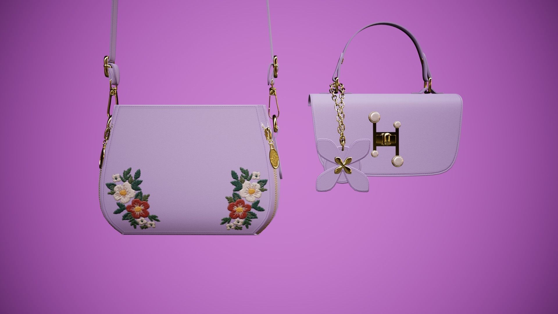 Flower purple handbag with flower embroidery Low-poly 3D model_12