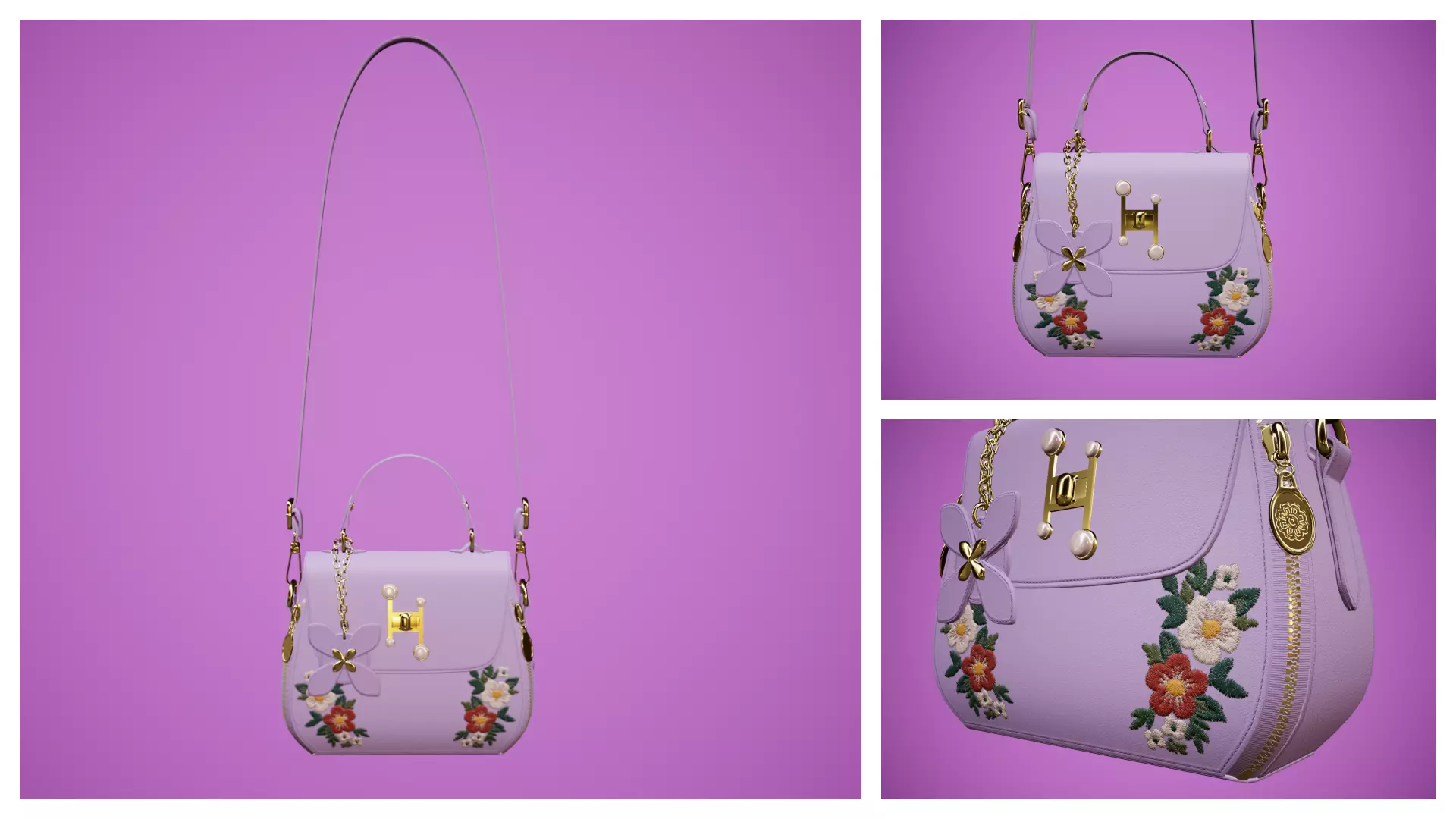 Flower purple handbag with flower embroidery Low-poly 3D model_0