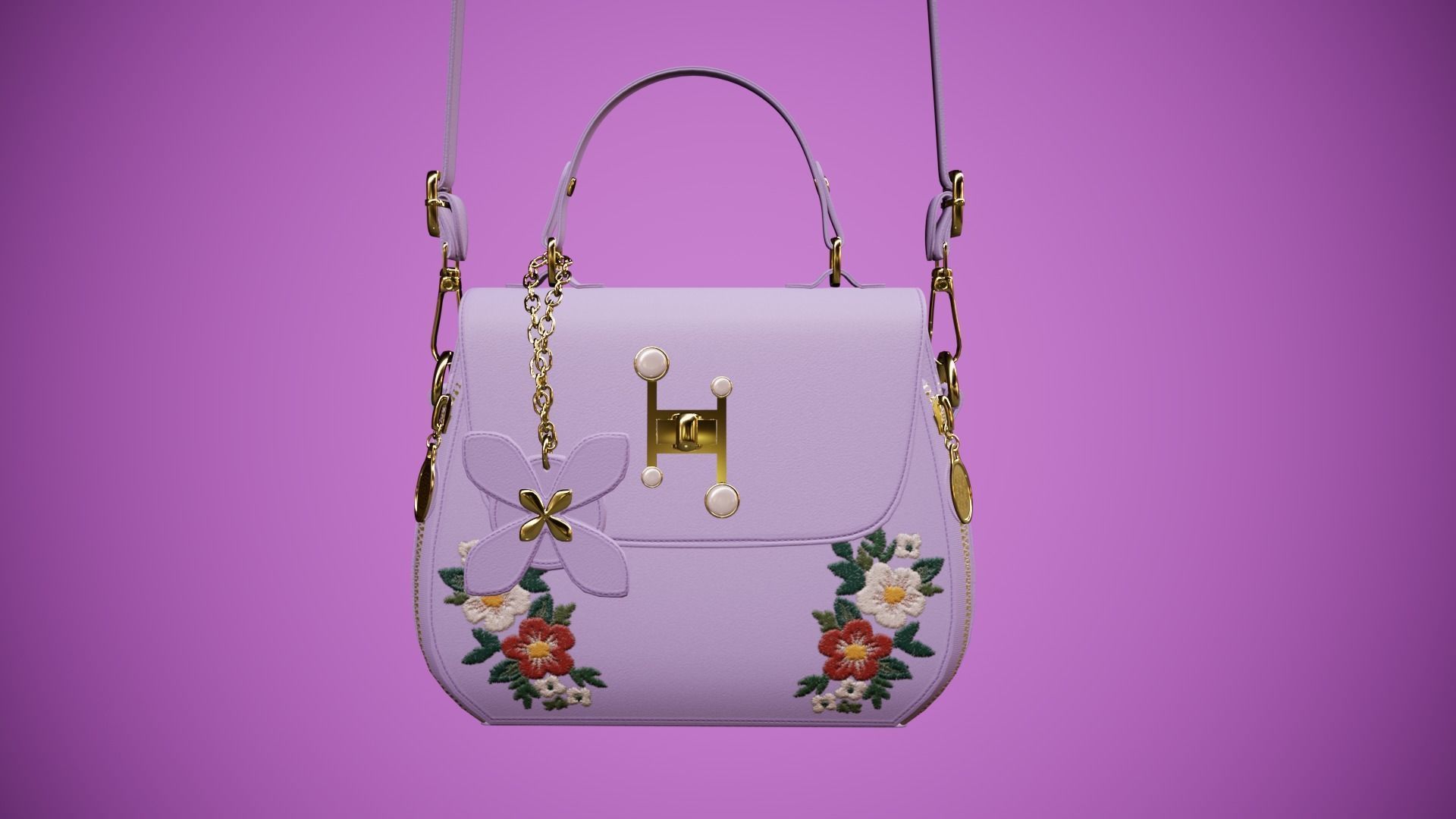 Flower purple handbag with flower embroidery Low-poly 3D model_9