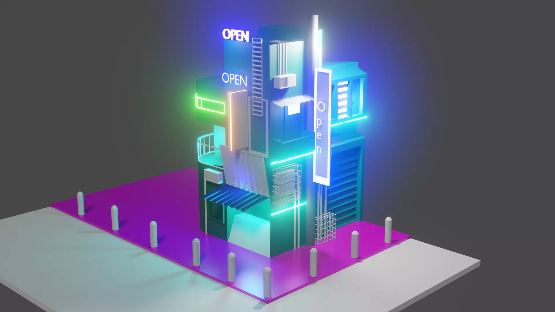 SHOPP futuristic building with neon lights 3D model_0