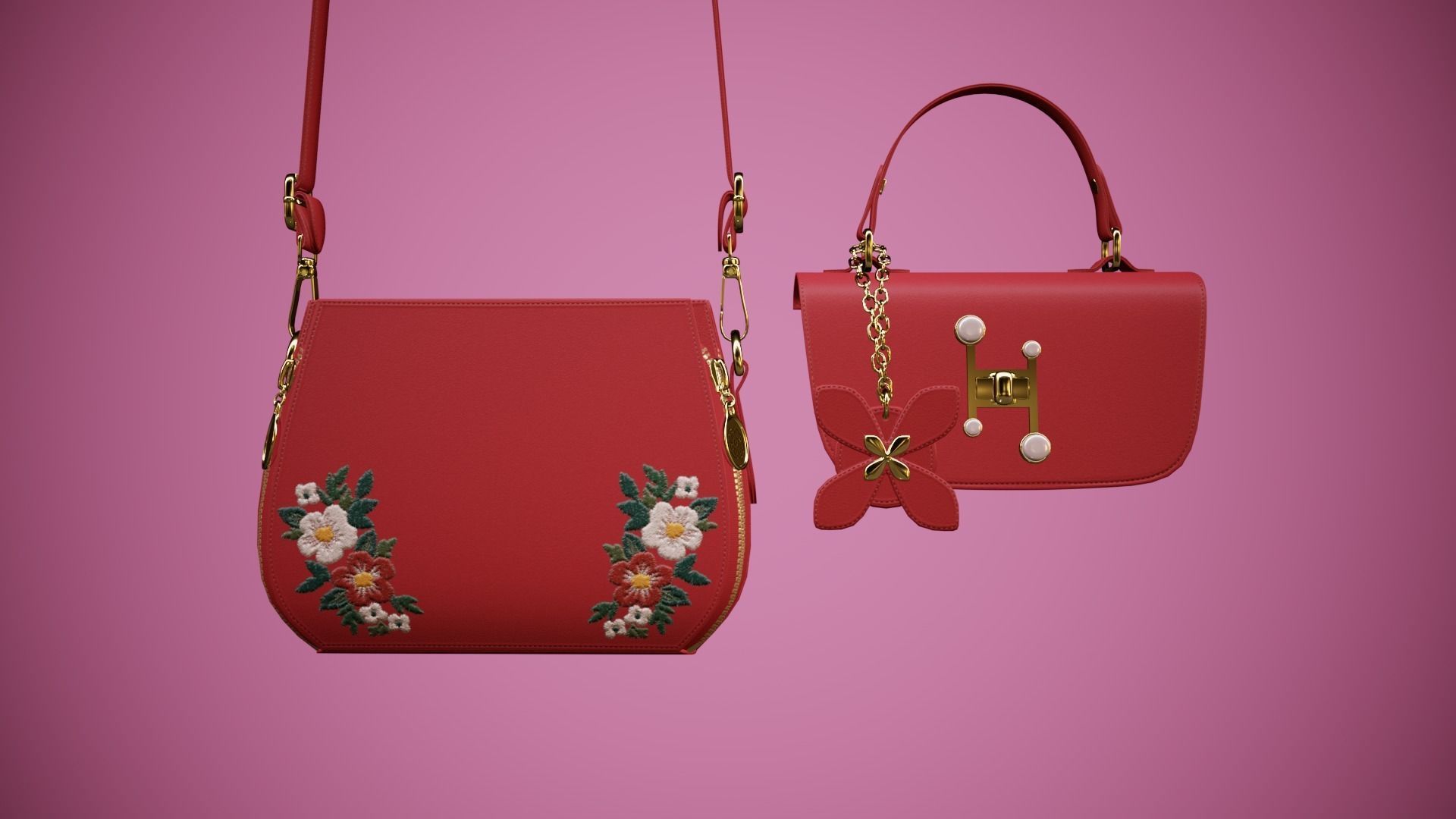 Flower red handbag with flower embroidery  Low-poly 3D model_10