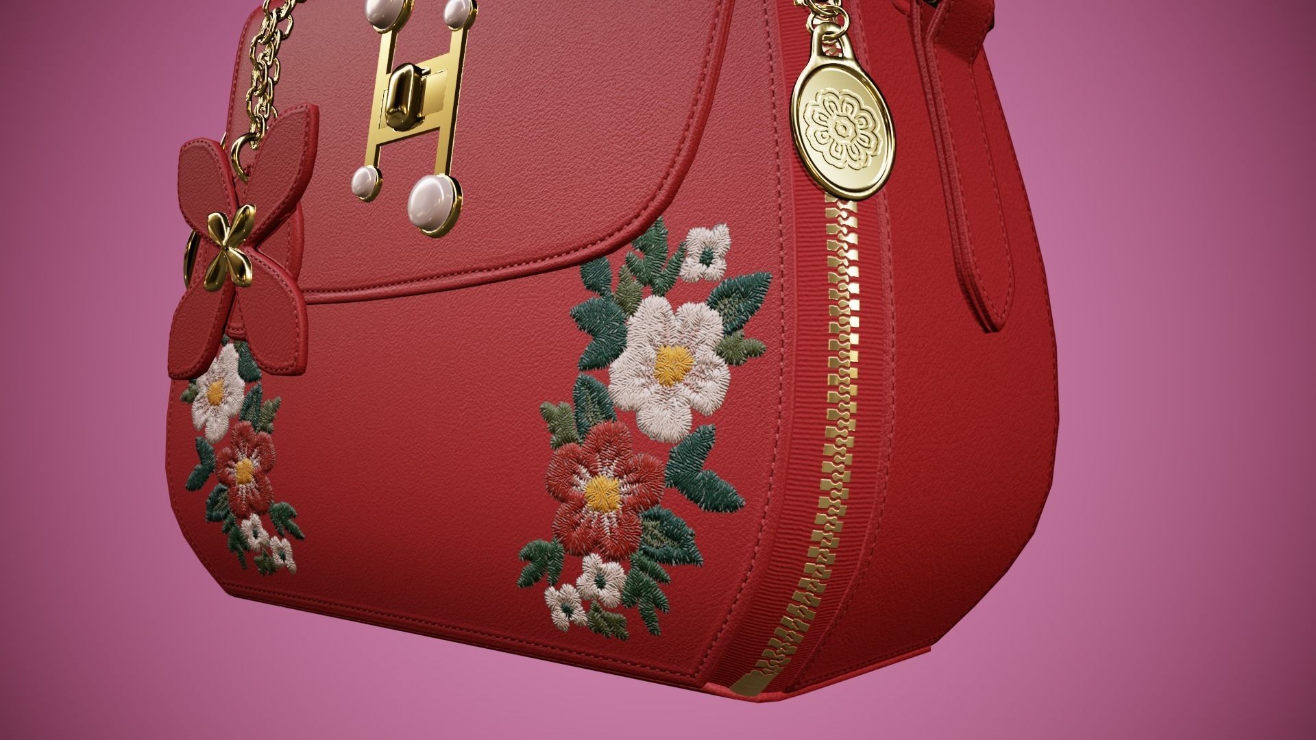 Flower red handbag with flower embroidery  Low-poly 3D model_9