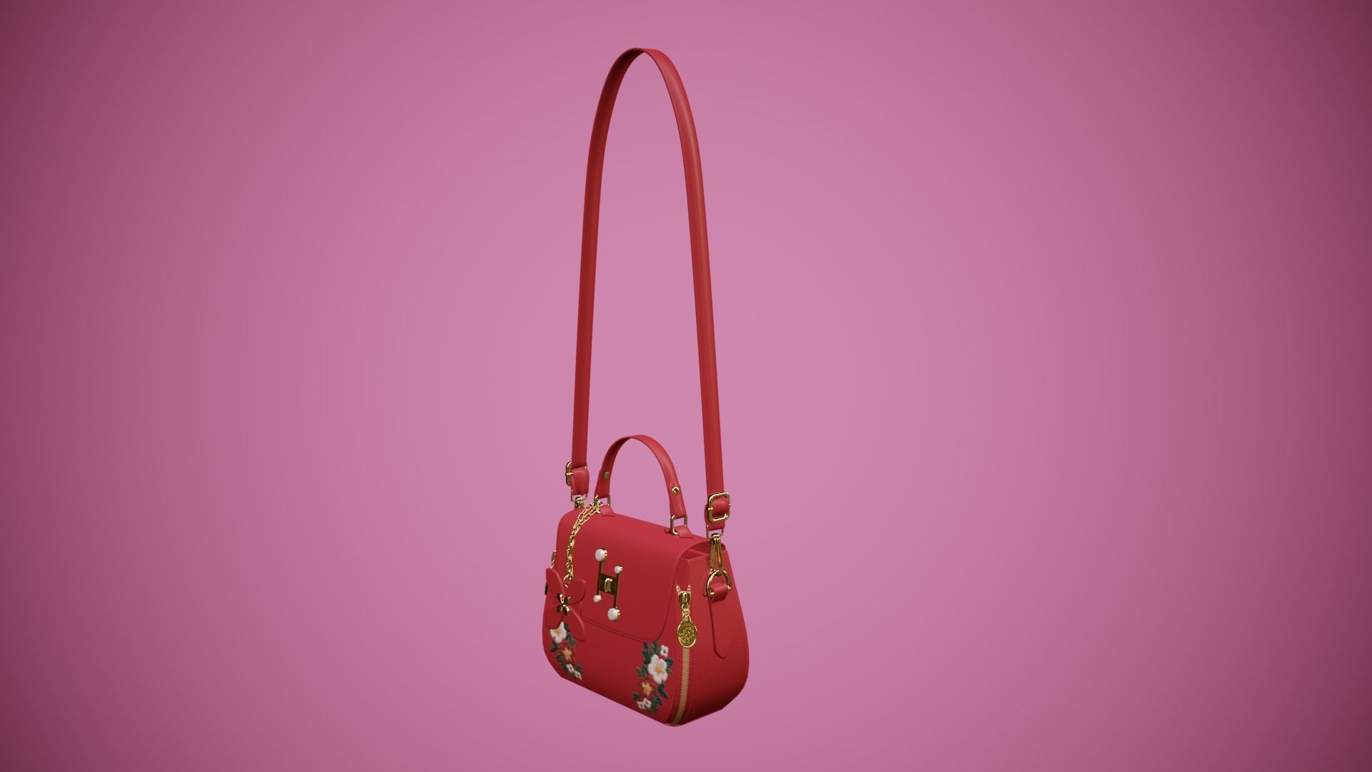 Flower red handbag with flower embroidery  Low-poly 3D model_5