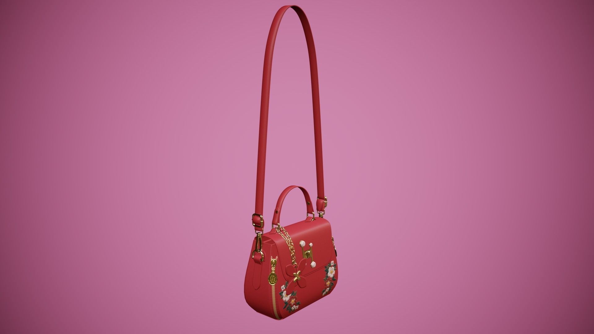 Flower red handbag with flower embroidery  Low-poly 3D model_2