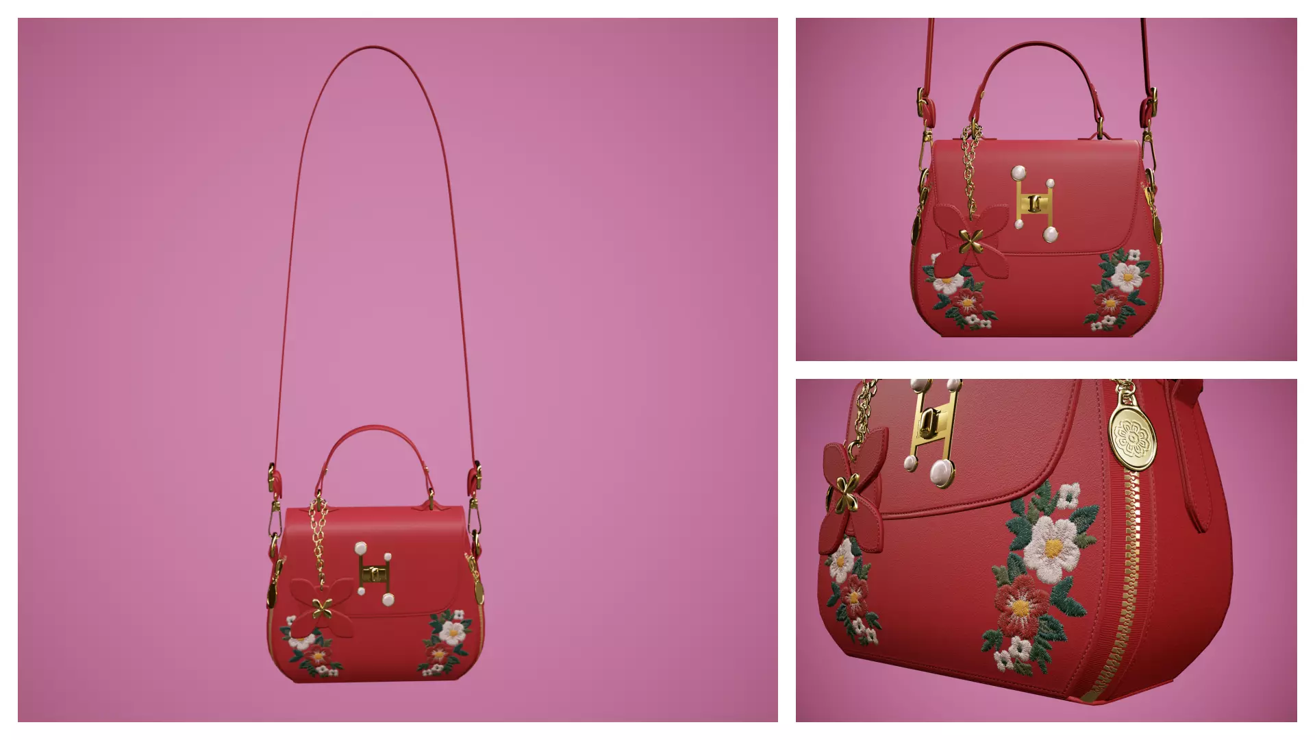 Flower red handbag with flower embroidery  Low-poly 3D model_0