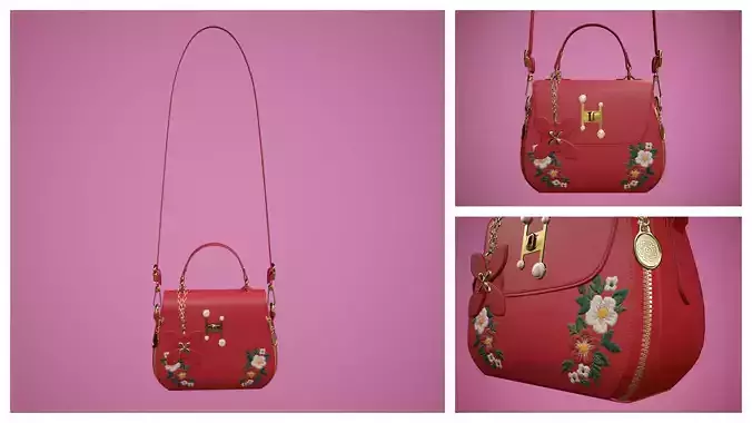Flower red handbag with flower embroidery  Low-poly 3D model