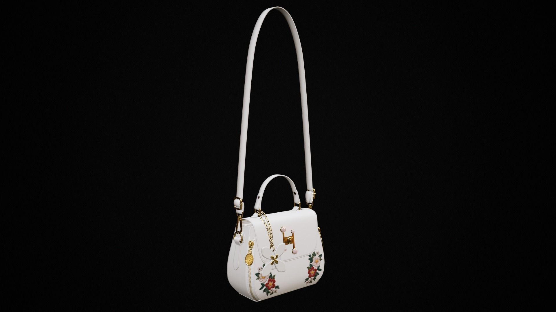 Flower white handbag with flower embroidery  Low-poly 3D model_3