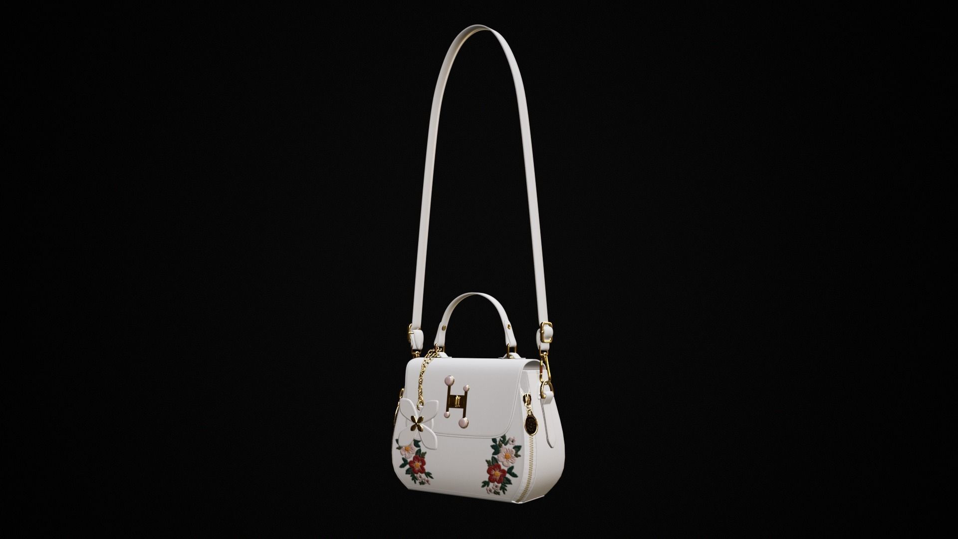 Flower white handbag with flower embroidery  Low-poly 3D model_6