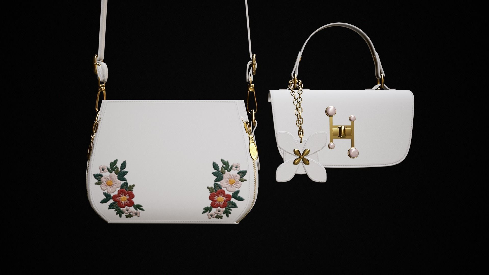 Flower white handbag with flower embroidery  Low-poly 3D model_11