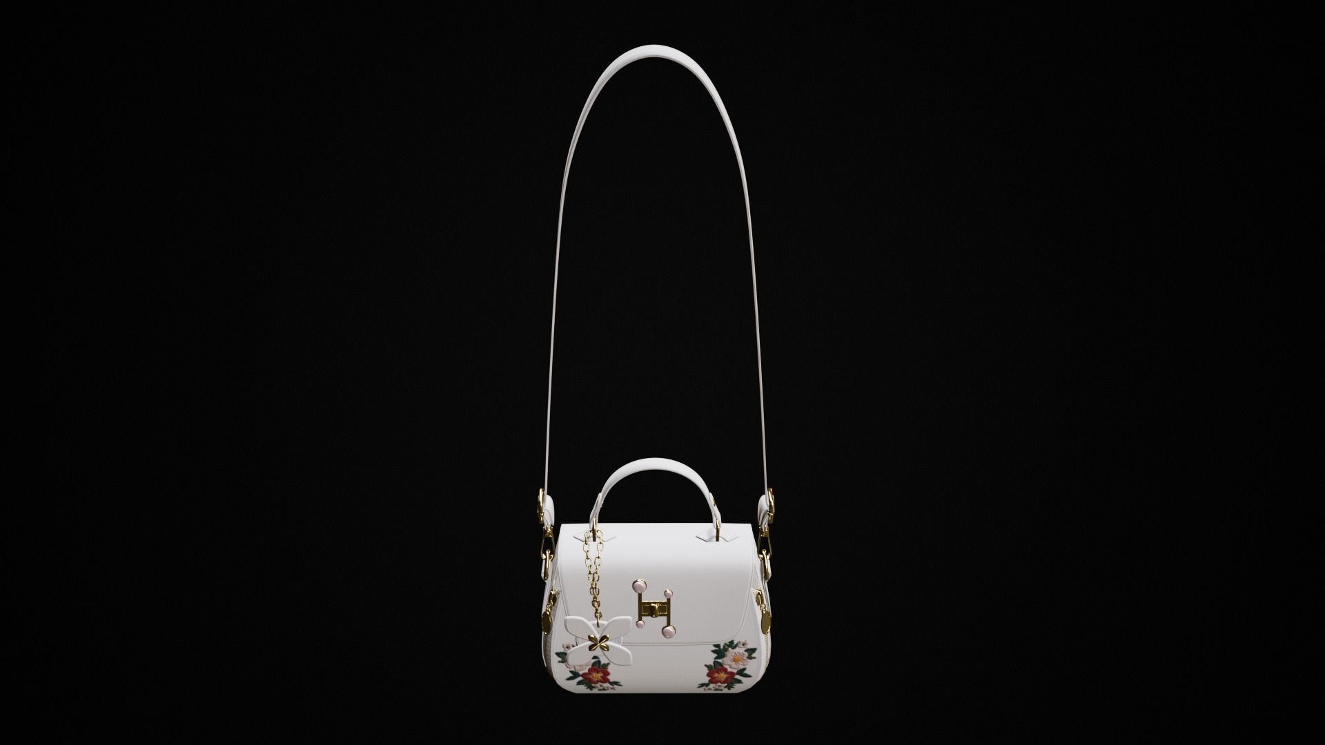Flower white handbag with flower embroidery  Low-poly 3D model_7